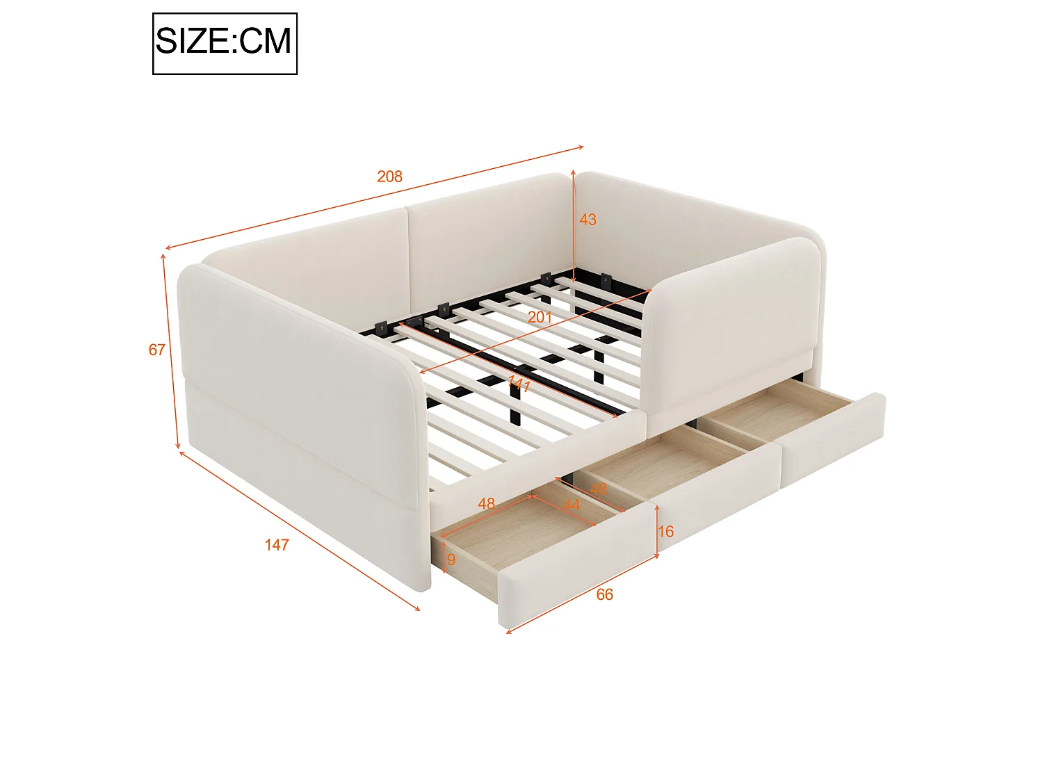 Kinderbed gevoerd 140 x 200 cm - met 3 laden - fluweelstof - beige (matras niet inbegrepen)