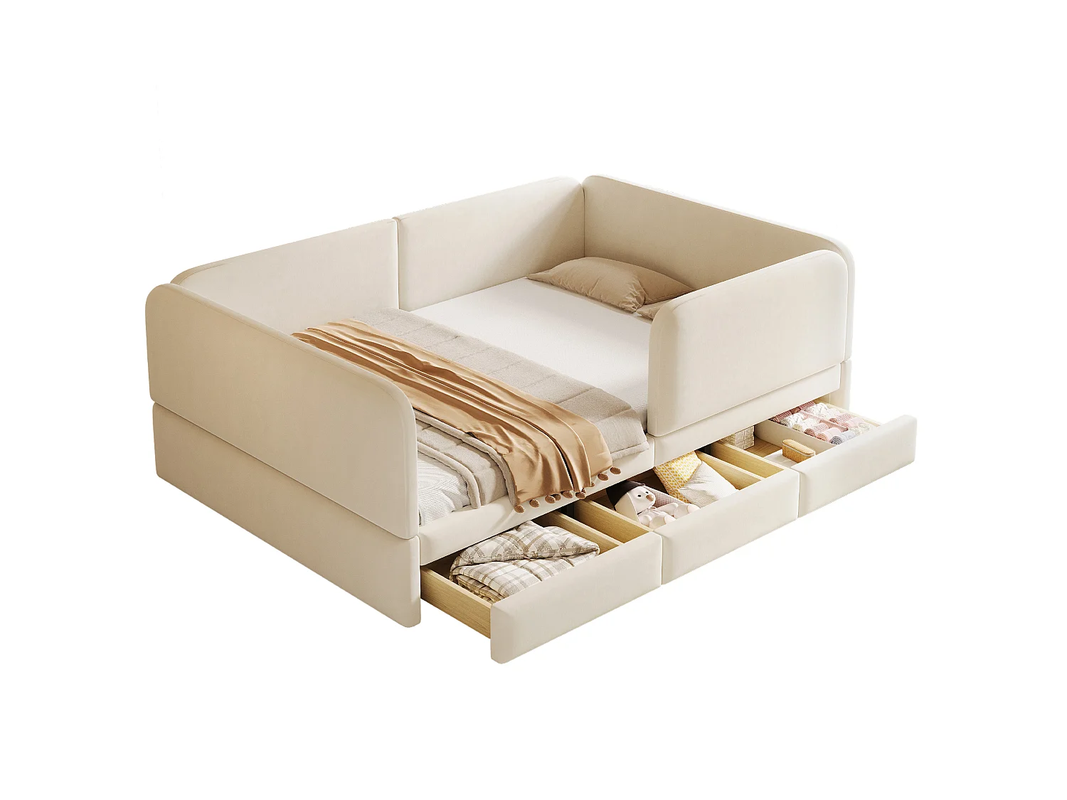 Kinderbed gevoerd 140 x 200 cm - met 3 laden - fluweelstof - beige (matras niet inbegrepen)
