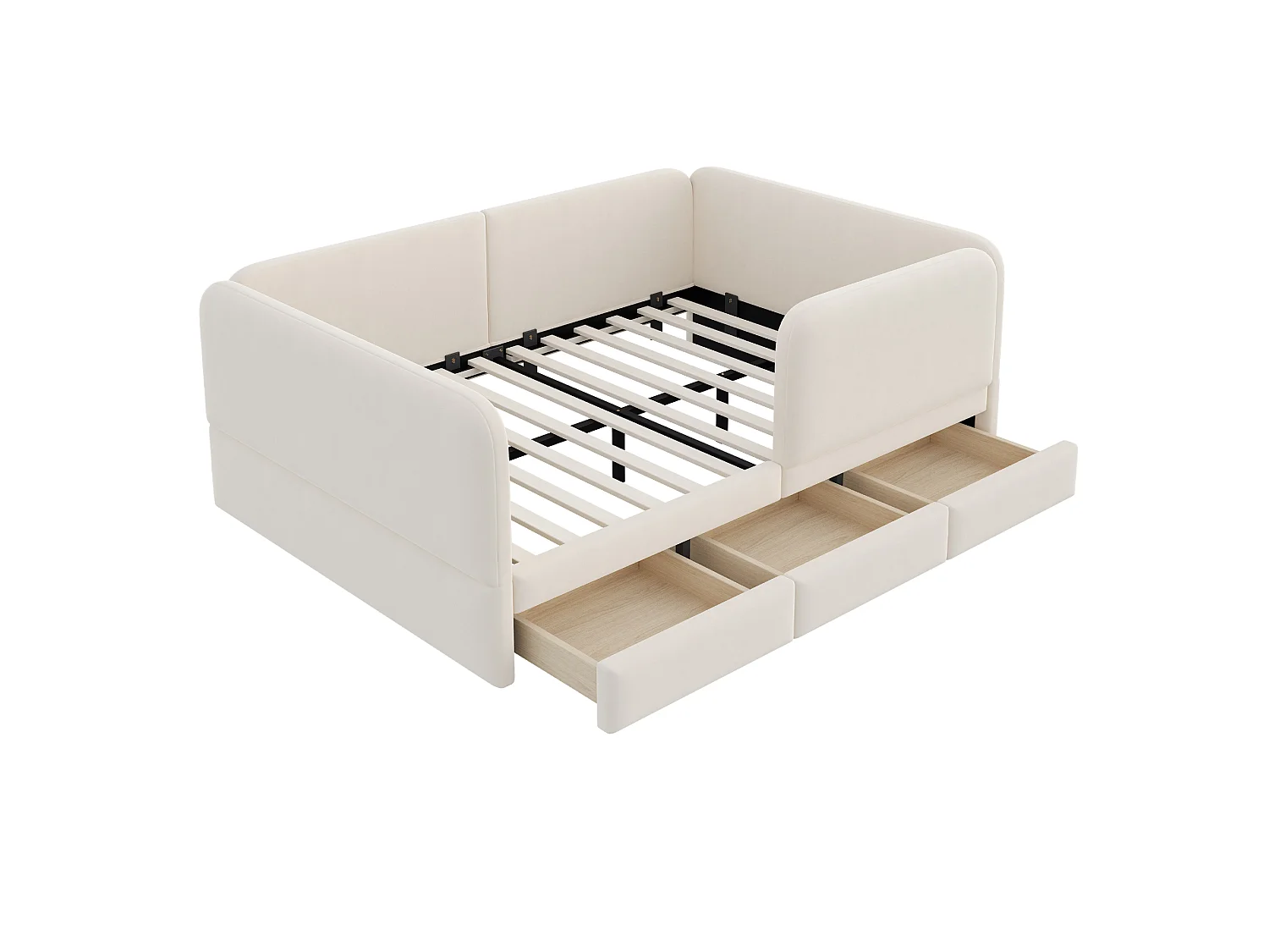Kinderbed gevoerd 140 x 200 cm - met 3 laden - fluweelstof - beige (matras niet inbegrepen)