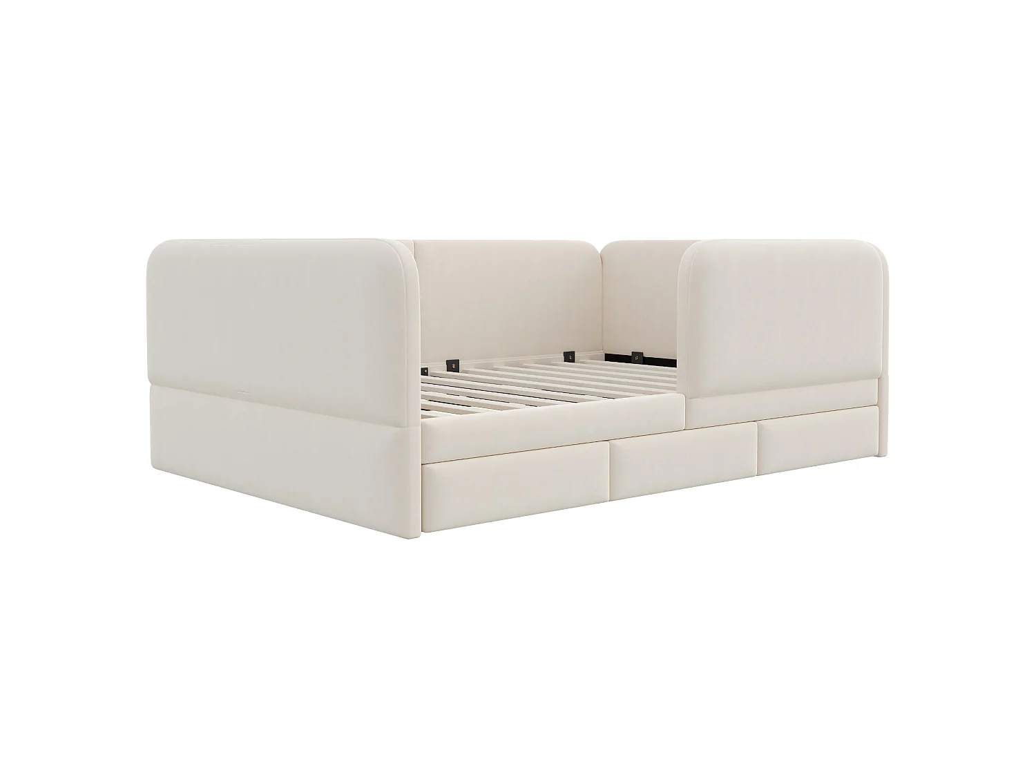 Kinderbed gevoerd 140 x 200 cm - met 3 laden - fluweelstof - beige (matras niet inbegrepen)