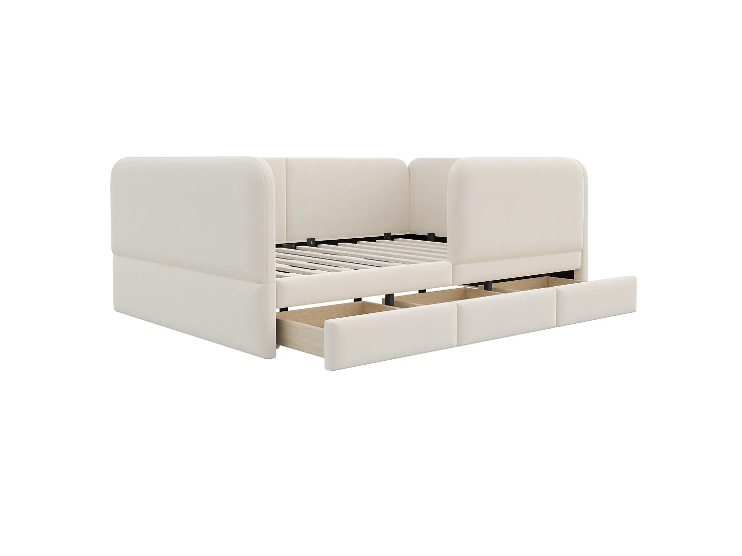 Kinderbed gevoerd 140 x 200 cm - met 3 laden - fluweelstof - beige (matras niet inbegrepen)