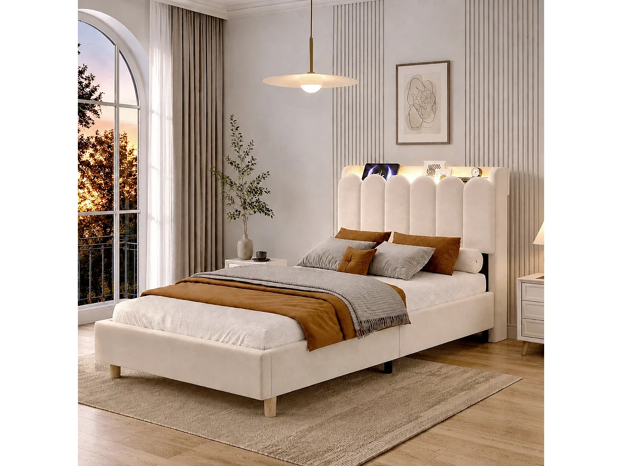 Lit enfant capitonné 90x200 cm - Tête de lit capitonnée - USB et Type-C, lampe de lecture - Velours - Beige (sans matelas)