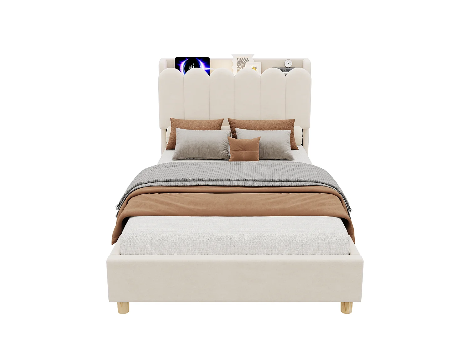 Lit enfant capitonné 90x200 cm - Tête de lit capitonnée - USB et Type-C, lampe de lecture - Velours - Beige (sans matelas)