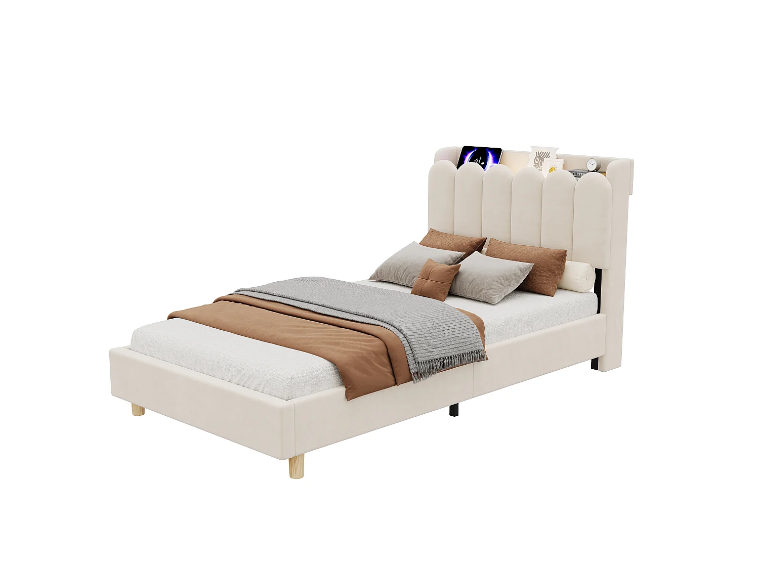 Lit enfant capitonné 90x200 cm - Tête de lit capitonnée - USB et Type-C, lampe de lecture - Velours - Beige (sans matelas)