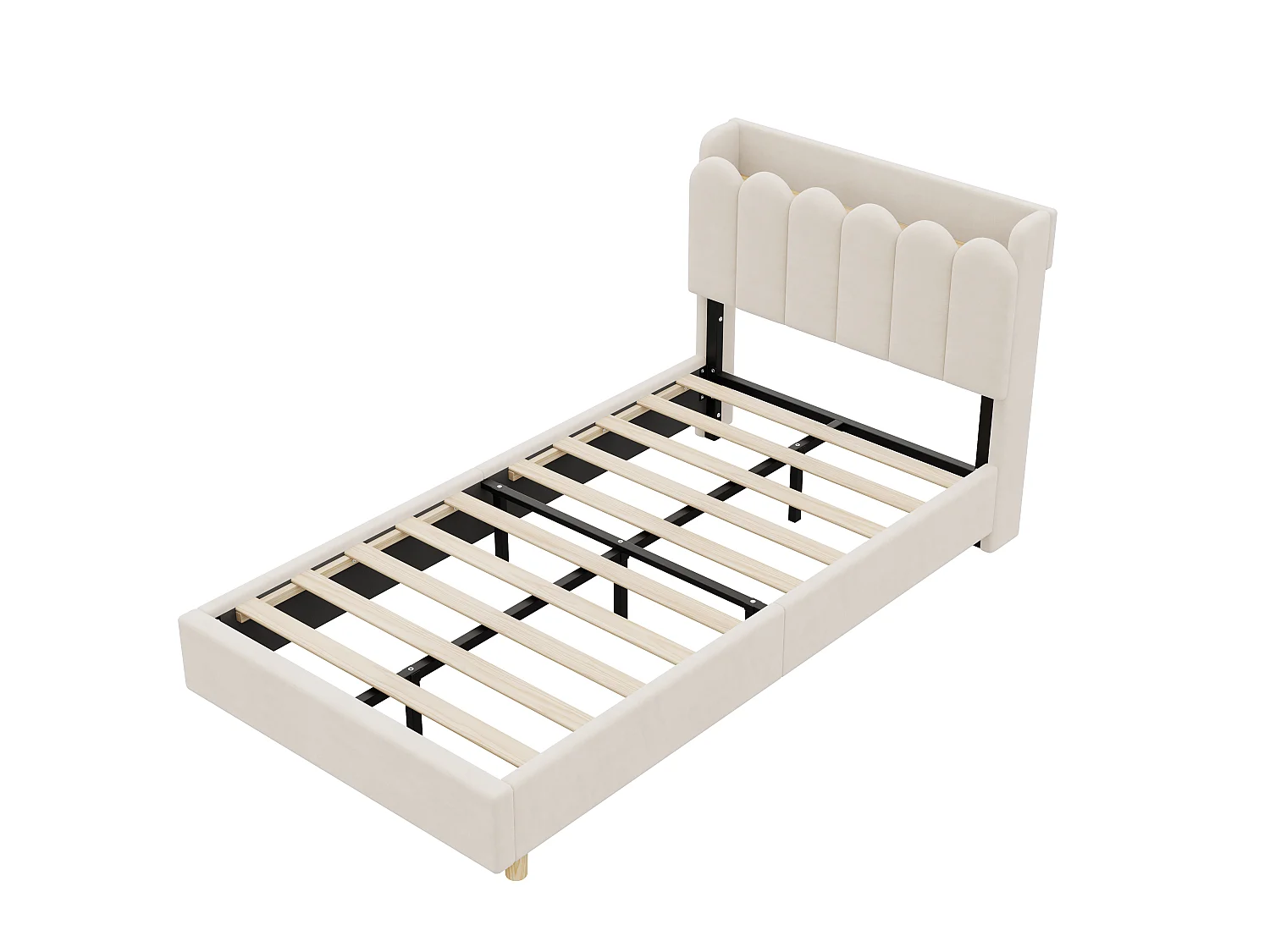 Lit enfant capitonné 90x200 cm - Tête de lit capitonnée - USB et Type-C, lampe de lecture - Velours - Beige (sans matelas)