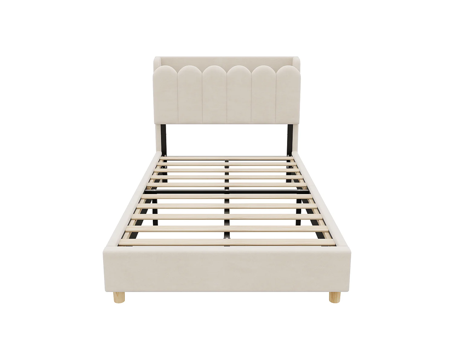 Lit enfant capitonné 90x200 cm - Tête de lit capitonnée - USB et Type-C, lampe de lecture - Velours - Beige (sans matelas)