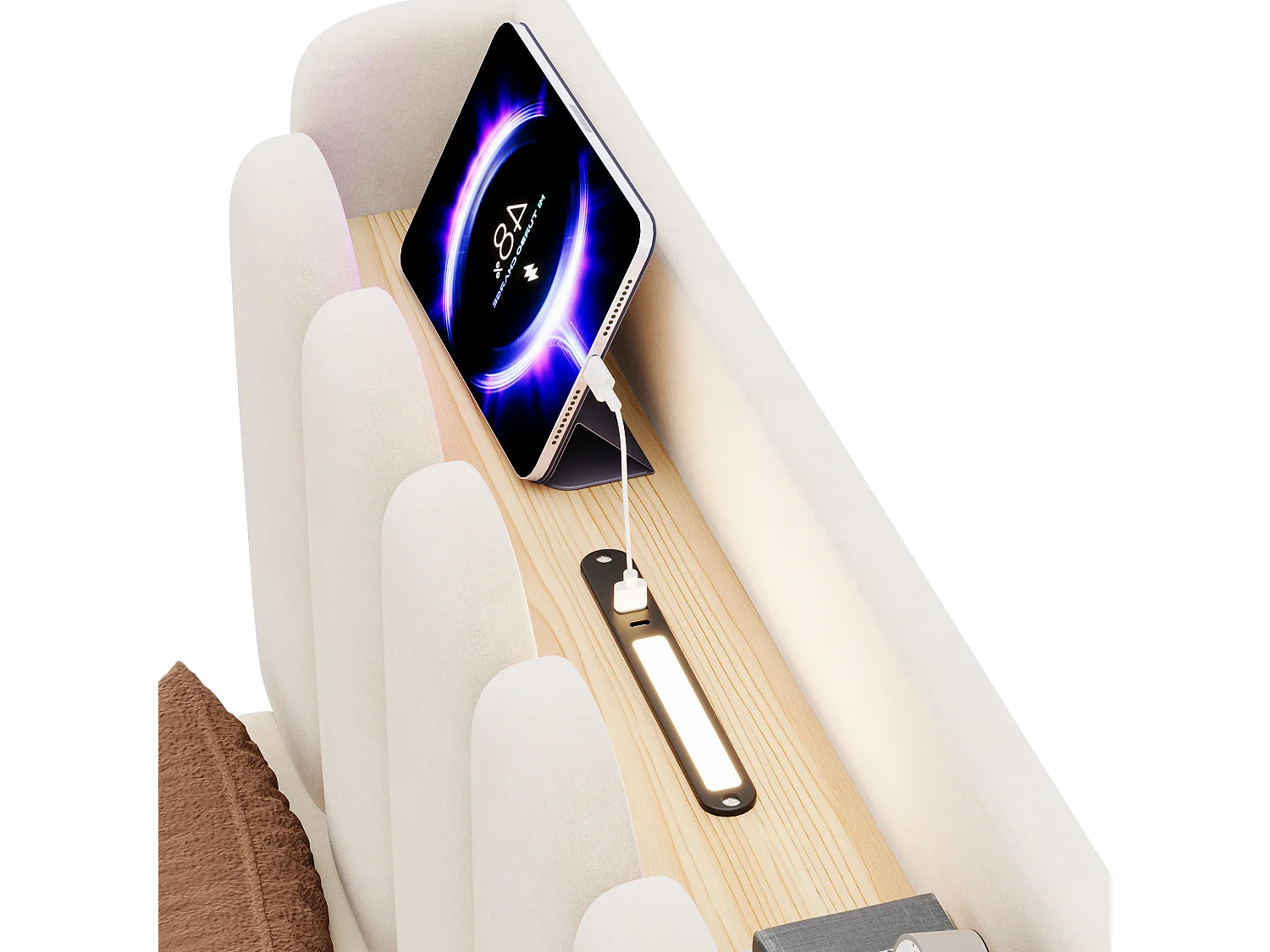 Lit enfant capitonné 90x200 cm - Tête de lit capitonnée - USB et Type-C, lampe de lecture - Velours - Beige (sans matelas)