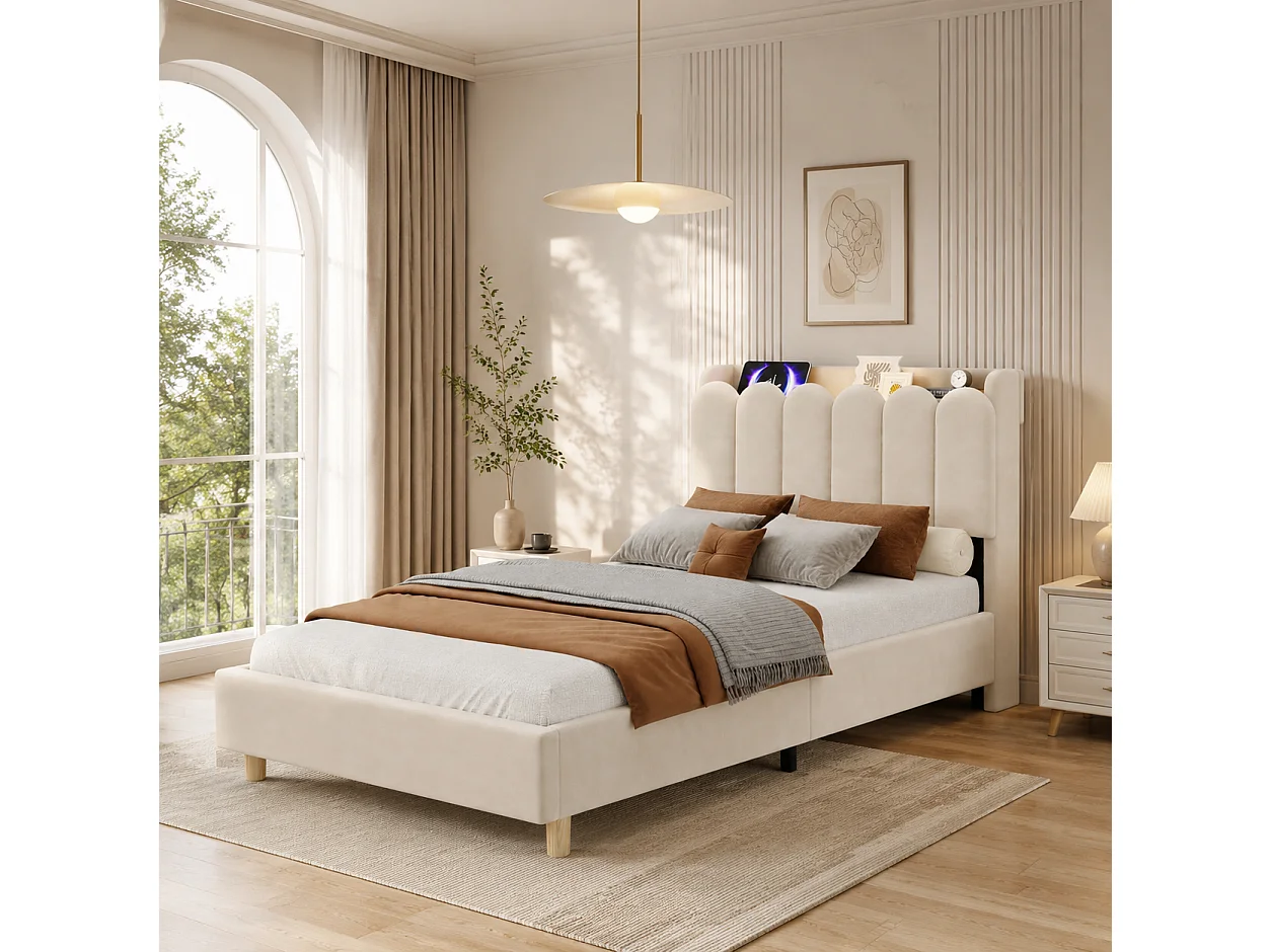 Lit enfant capitonné 90x200 cm - Tête de lit capitonnée - USB et Type-C, lampe de lecture - Velours - Beige (sans matelas)