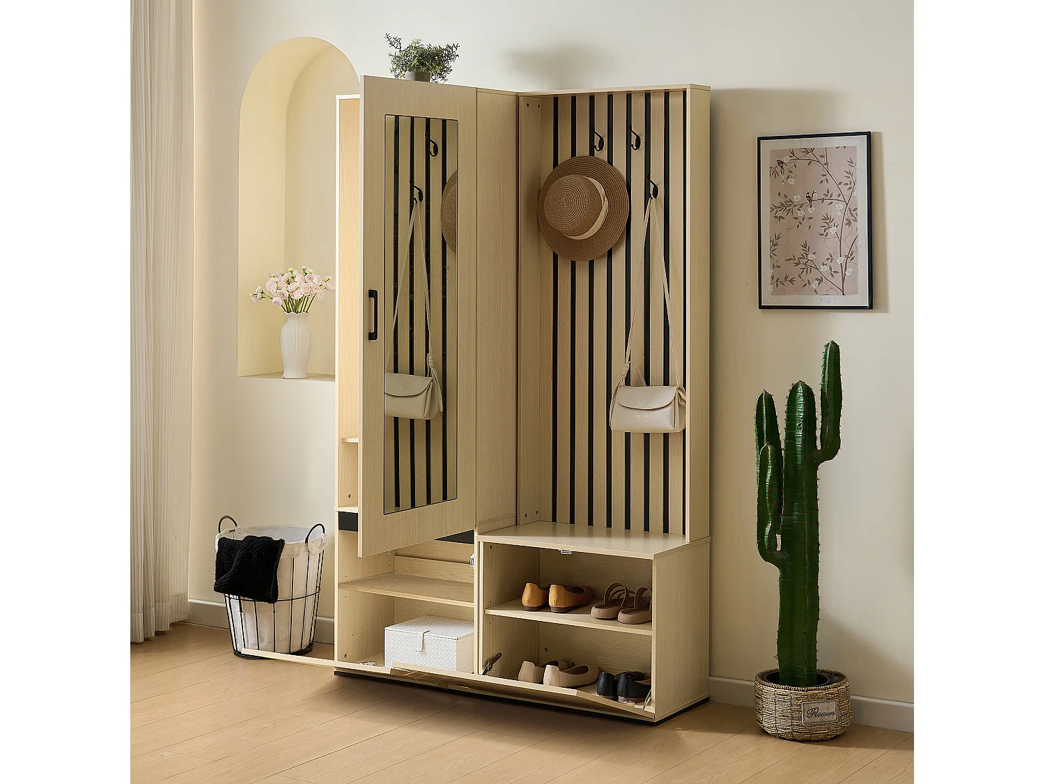 Schuhaufbewahrung mit Spiegelschrank, Sitzbank, Auszugsschiene und Fach – MDF – Naturholz