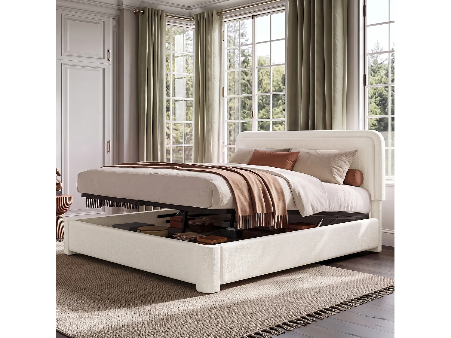 Lit coffre 160 x 200 cm avec coffre hydraulique, tête de lit réglable, sommier à lattes - Bouclé - Blanc (Sans matelas)
