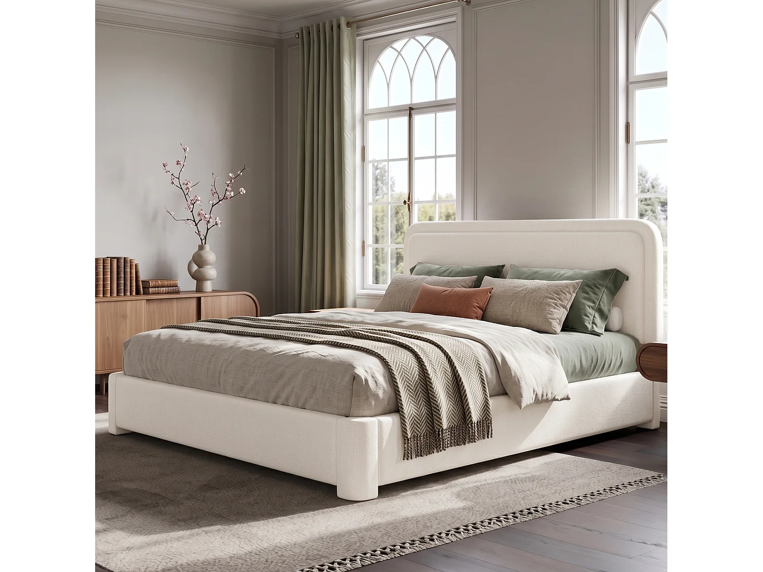 Lit coffre 160 x 200 cm avec coffre hydraulique, tête de lit réglable, sommier à lattes - Bouclé - Blanc (Sans matelas)