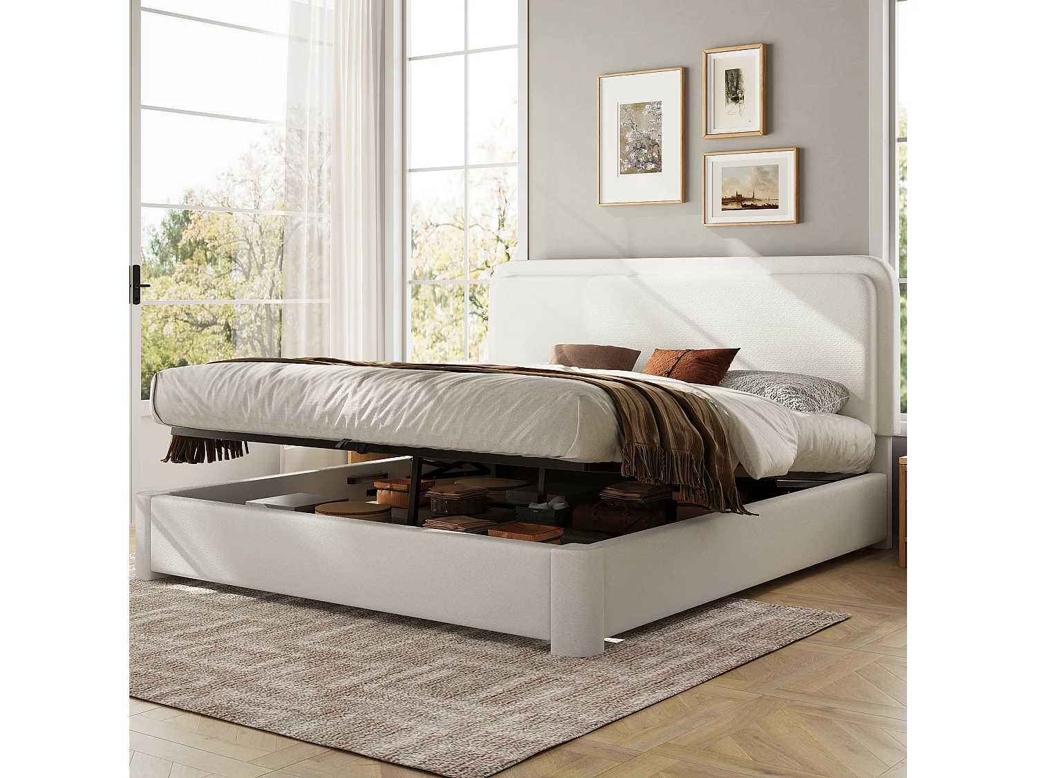 Lit coffre 160 x 200 cm avec coffre hydraulique, tête de lit réglable, sommier à lattes - Bouclé - Blanc (Sans matelas)