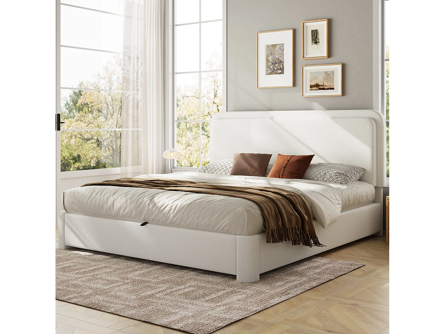 Lit coffre 160 x 200 cm avec coffre hydraulique, tête de lit réglable, sommier à lattes - Bouclé - Blanc (Sans matelas)
