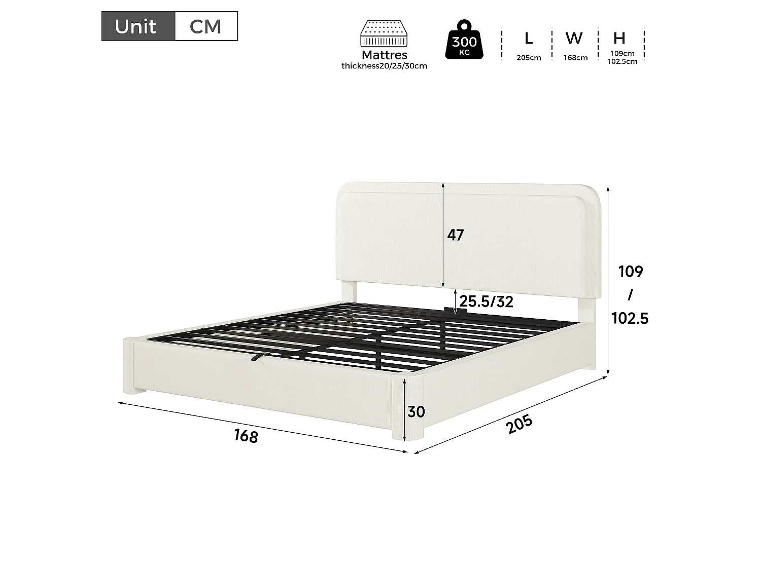 Lit coffre 160 x 200 cm avec coffre hydraulique, tête de lit réglable, sommier à lattes - Bouclé - Blanc (Sans matelas)