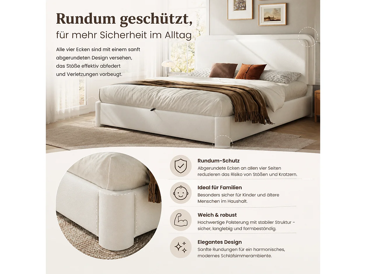 Lit coffre 160 x 200 cm avec coffre hydraulique, tête de lit réglable, sommier à lattes - Bouclé - Blanc (Sans matelas)