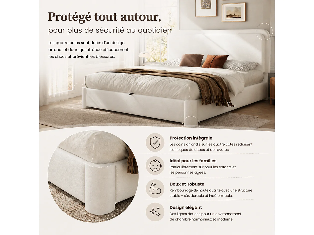 Lit coffre 160 x 200 cm avec coffre hydraulique, tête de lit réglable, sommier à lattes - Bouclé - Blanc (Sans matelas)