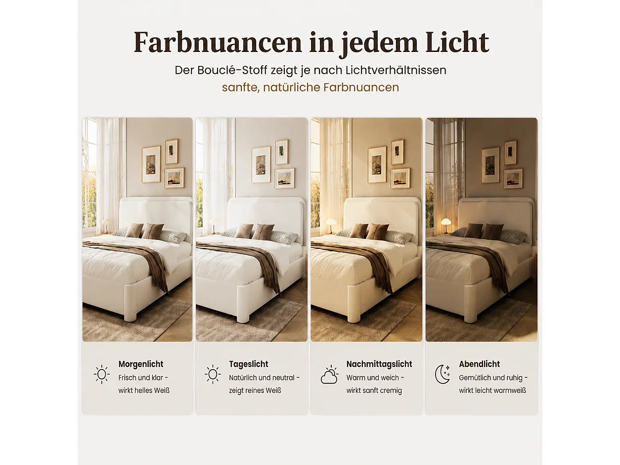 Lit coffre 160 x 200 cm avec coffre hydraulique, tête de lit réglable, sommier à lattes - Bouclé - Blanc (Sans matelas)