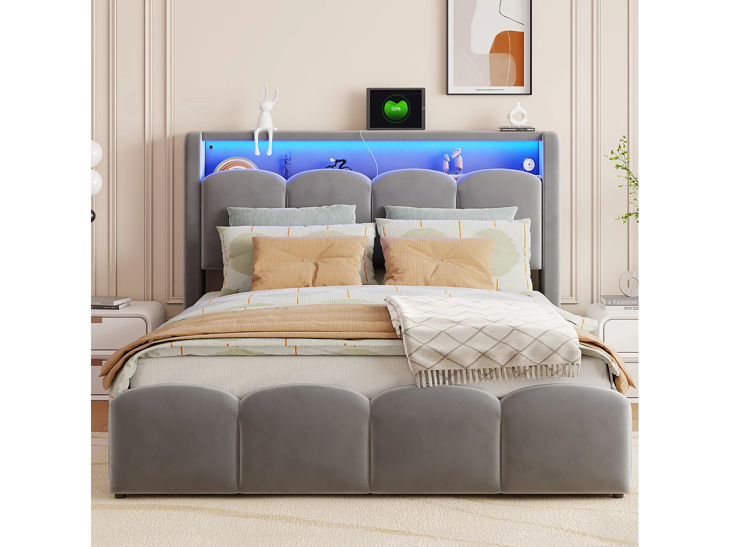 Lit coffre capitonné 140x200 - avec ports USB + Type-C - avec éclairage LED - gris (matelas non inclus)
