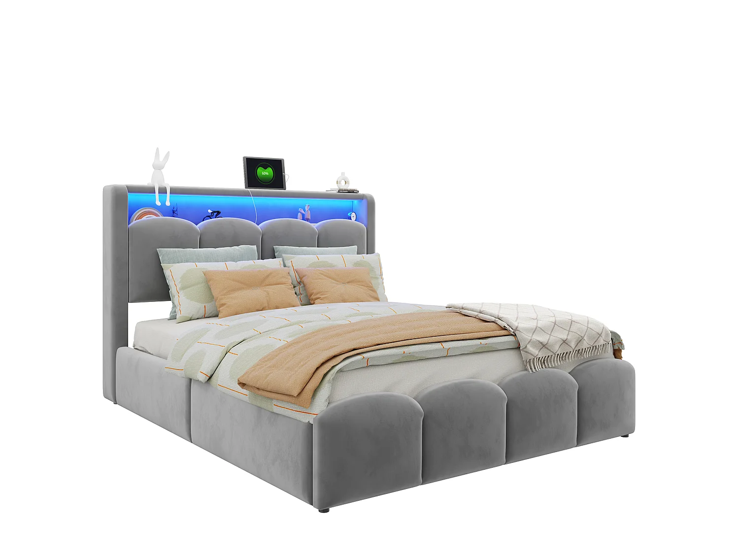 Lit coffre capitonné 140x200 - avec ports USB + Type-C - avec éclairage LED - gris (matelas non inclus)