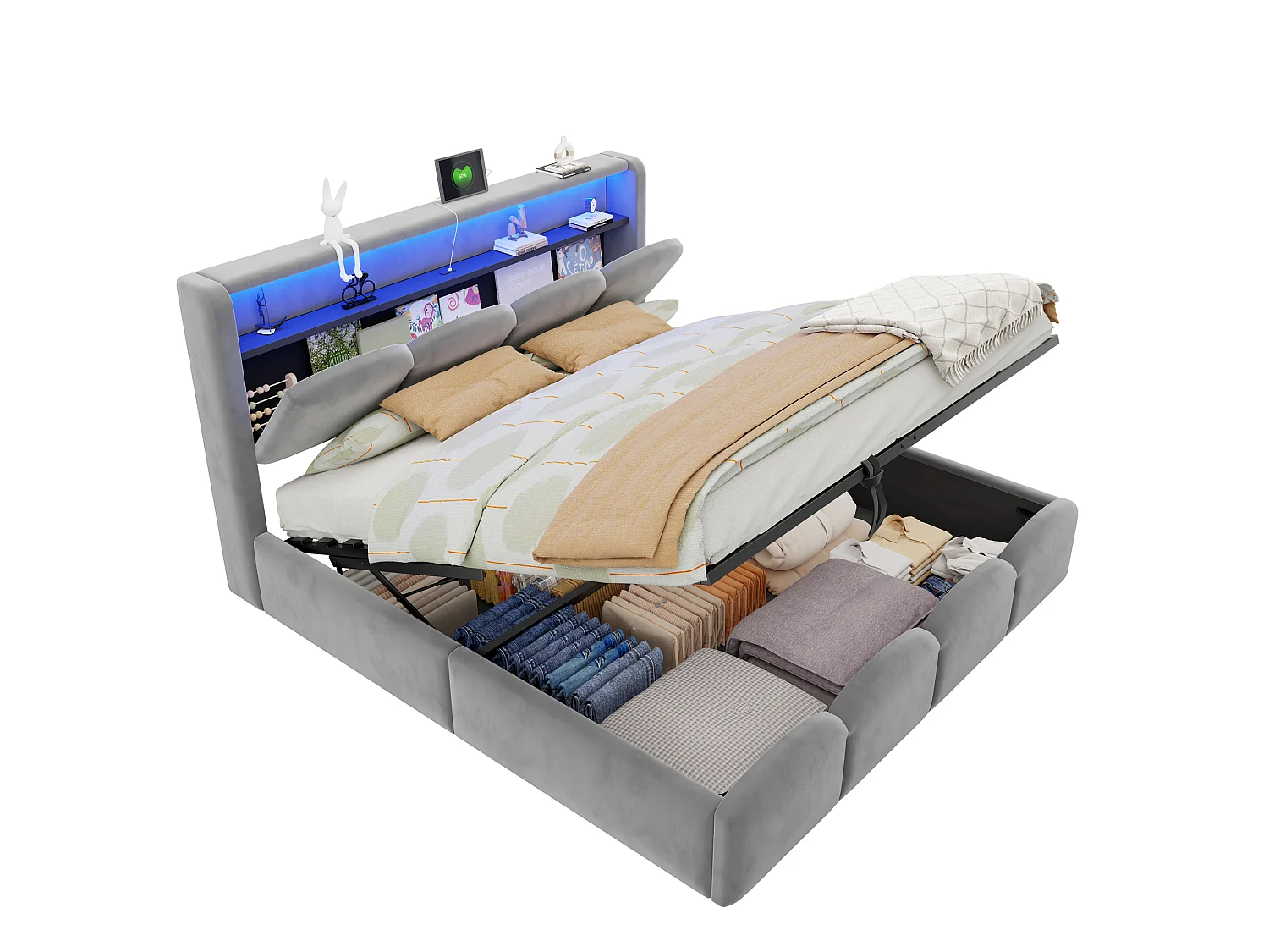 Lit coffre capitonné 140x200 - avec ports USB + Type-C - avec éclairage LED - gris (matelas non inclus)