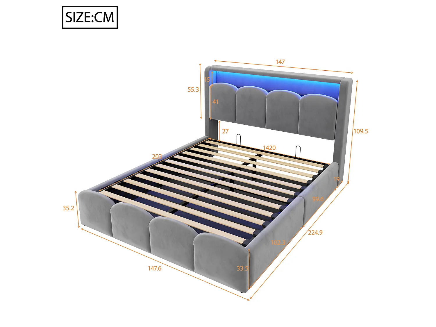 Lit coffre capitonné 140x200 - avec ports USB + Type-C - avec éclairage LED - gris (matelas non inclus)