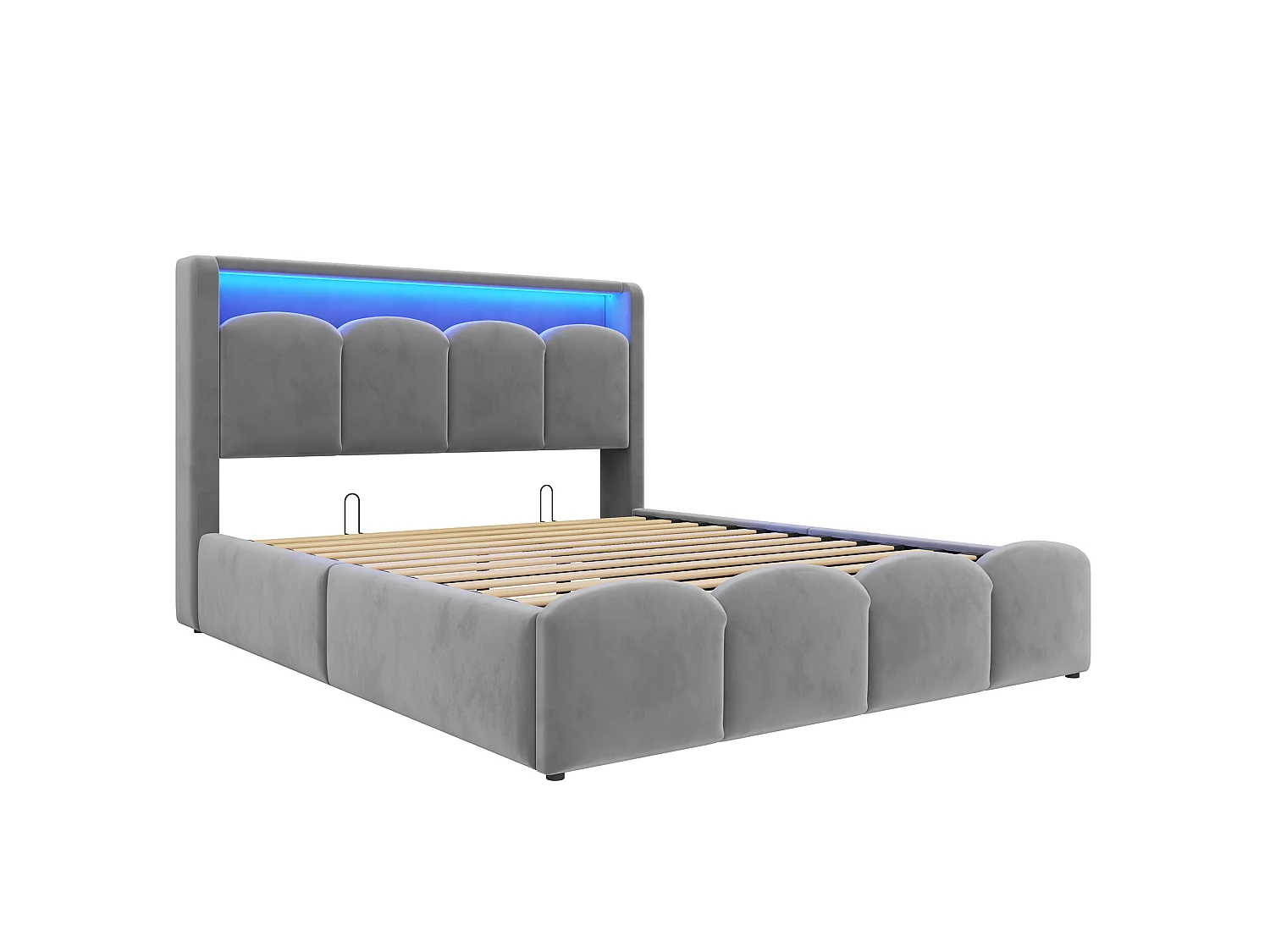 Lit coffre capitonné 140x200 - avec ports USB + Type-C - avec éclairage LED - gris (matelas non inclus)