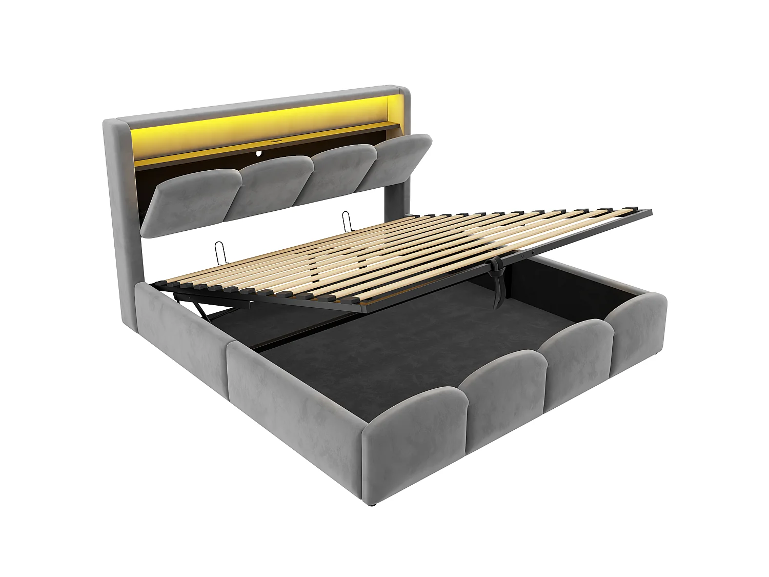 Lit coffre capitonné 140x200 - avec ports USB + Type-C - avec éclairage LED - gris (matelas non inclus)