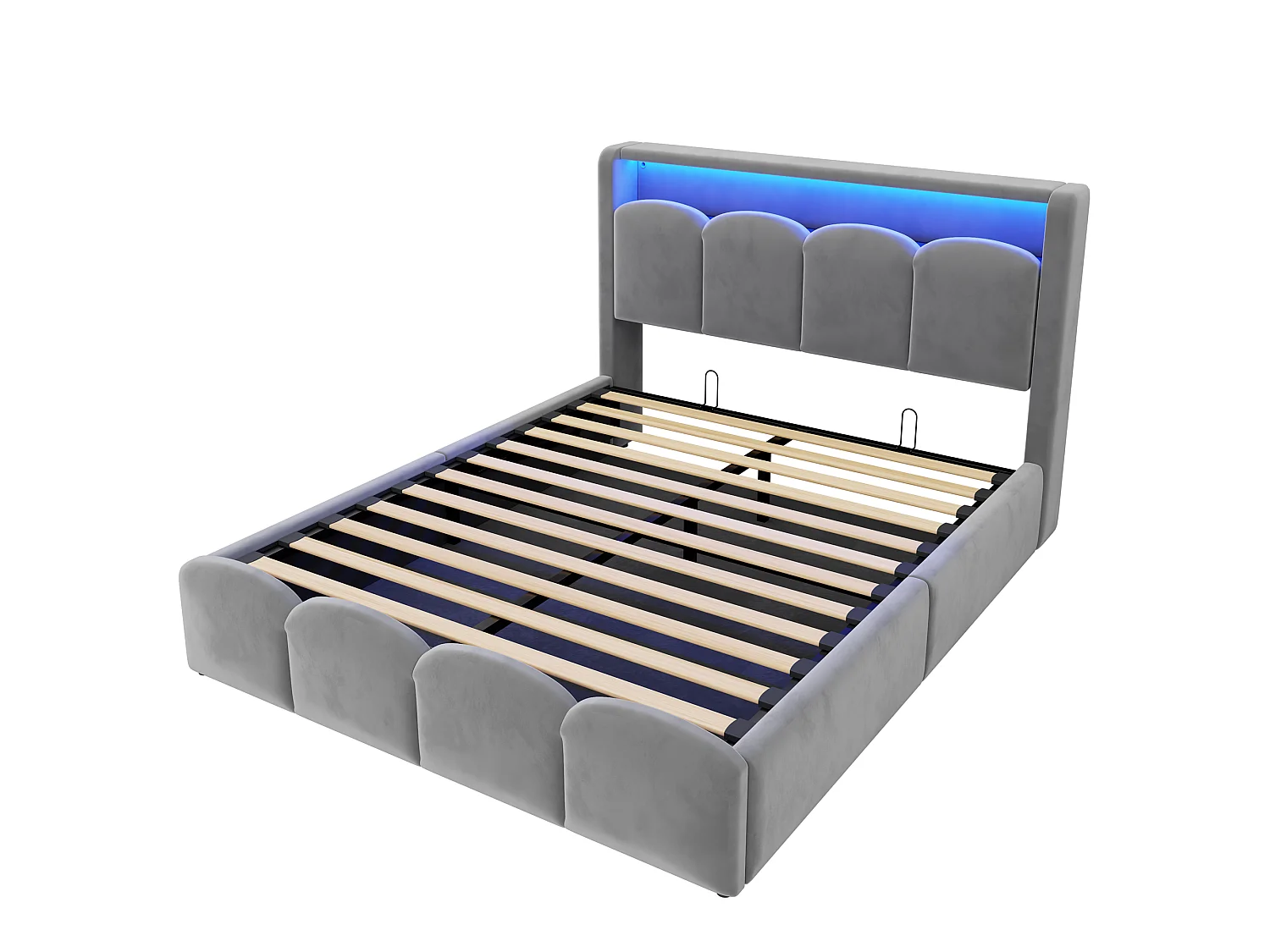 Lit coffre capitonné 140x200 - avec ports USB + Type-C - avec éclairage LED - gris (matelas non inclus)