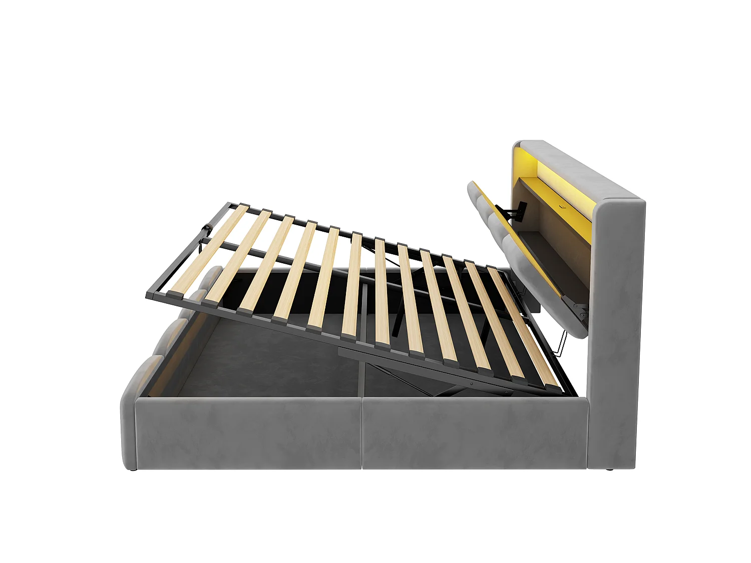 Lit coffre capitonné 140x200 - avec ports USB + Type-C - avec éclairage LED - gris (matelas non inclus)