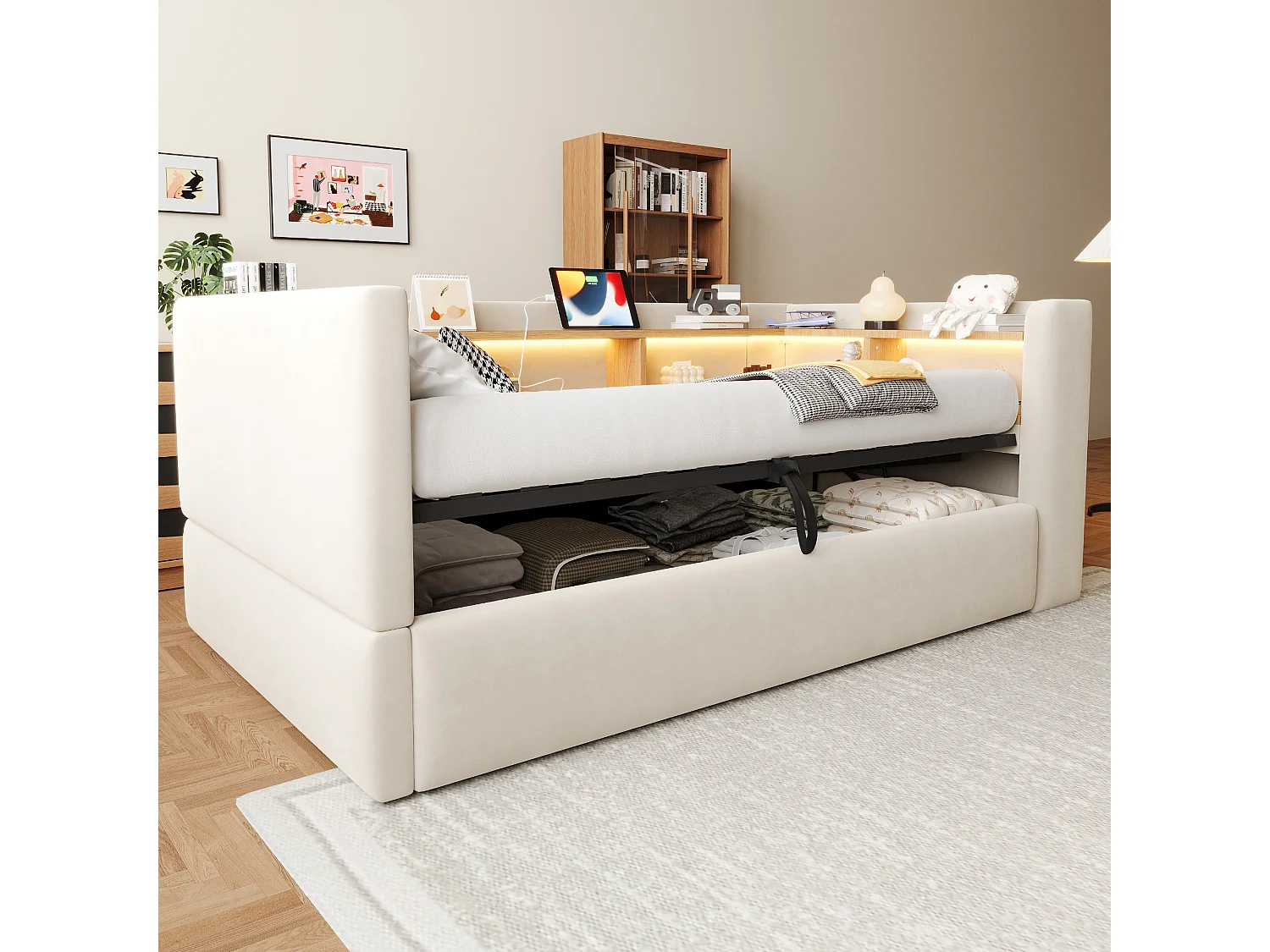 Opbergbed van 90 x 190 cm met ledverlichting, stopcontacten en opbergvakken - Flanel + metaal + MDF - Beige (Matras niet inbegrepen)