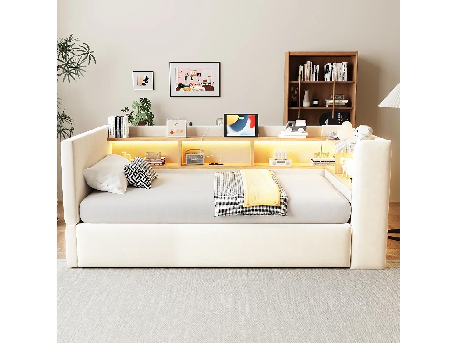 Opbergbed van 90 x 190 cm met ledverlichting, stopcontacten en opbergvakken - Flanel + metaal + MDF - Beige (Matras niet inbegrepen)