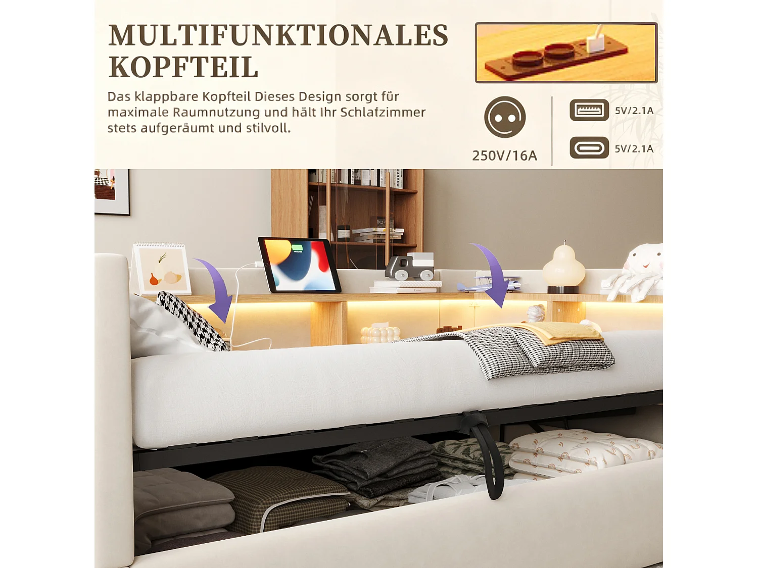 Opbergbed van 90 x 190 cm met ledverlichting, stopcontacten en opbergvakken - Flanel + metaal + MDF - Beige (Matras niet inbegrepen)