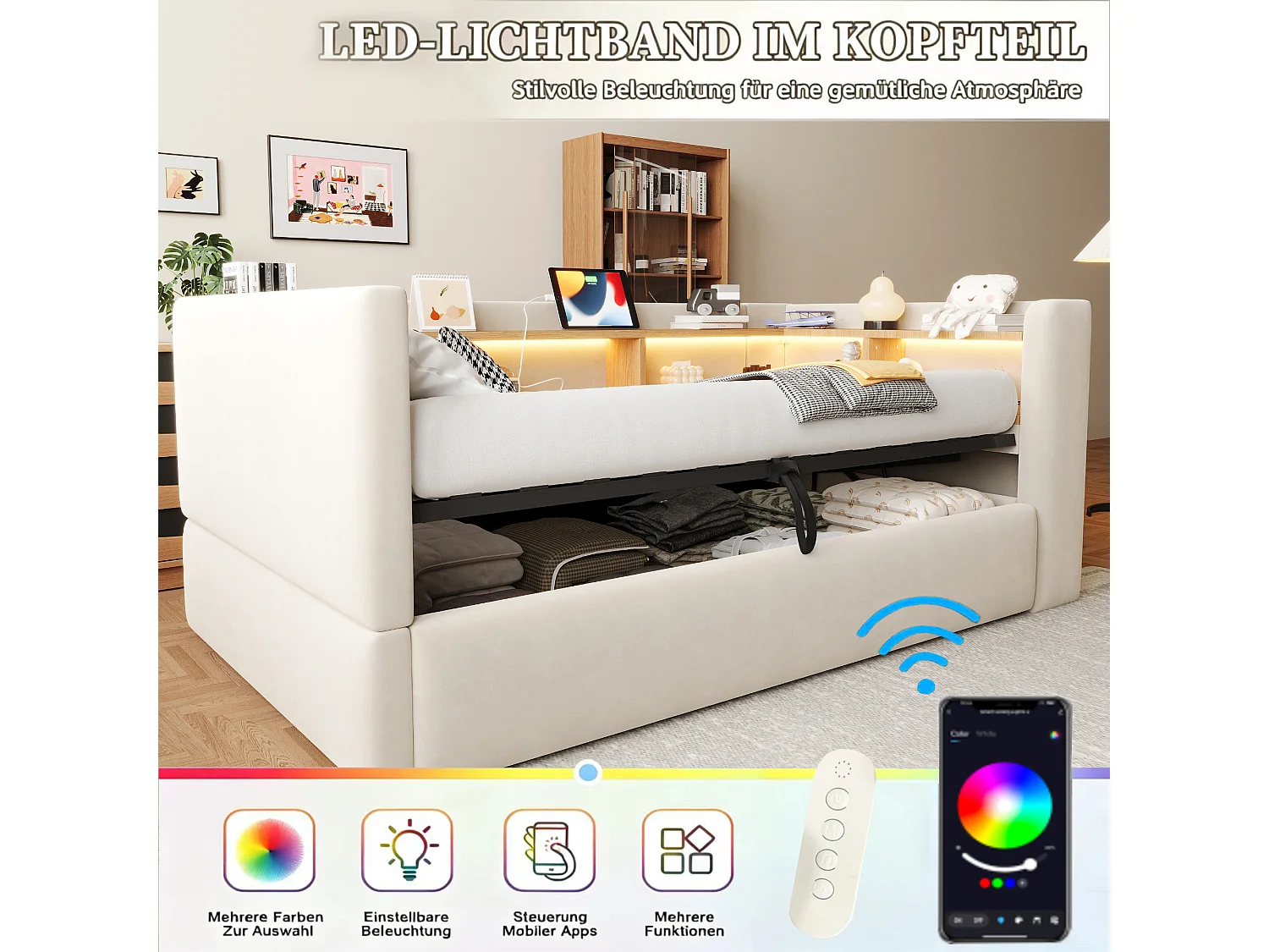 Opbergbed van 90 x 190 cm met ledverlichting, stopcontacten en opbergvakken - Flanel + metaal + MDF - Beige (Matras niet inbegrepen)