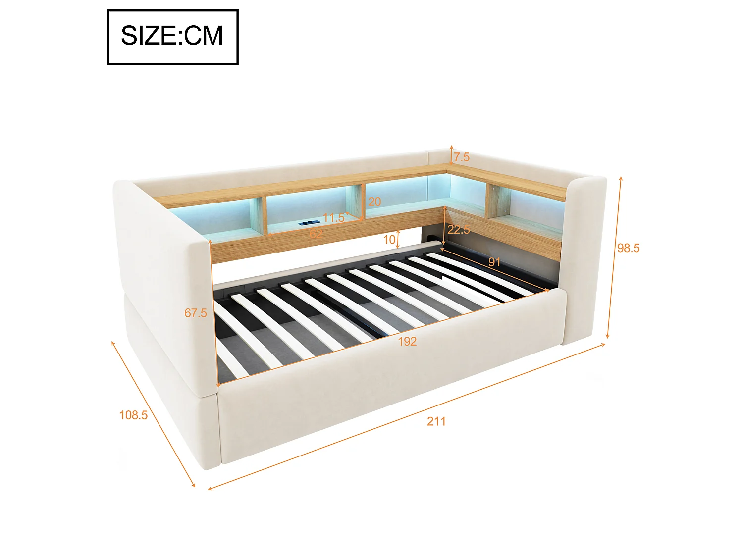 Opbergbed van 90 x 190 cm met ledverlichting, stopcontacten en opbergvakken - Flanel + metaal + MDF - Beige (Matras niet inbegrepen)