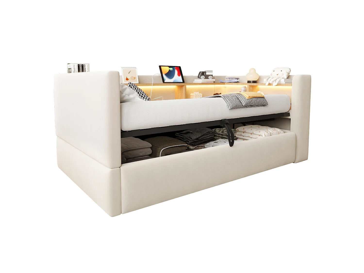Opbergbed van 90 x 190 cm met ledverlichting, stopcontacten en opbergvakken - Flanel + metaal + MDF - Beige (Matras niet inbegrepen)