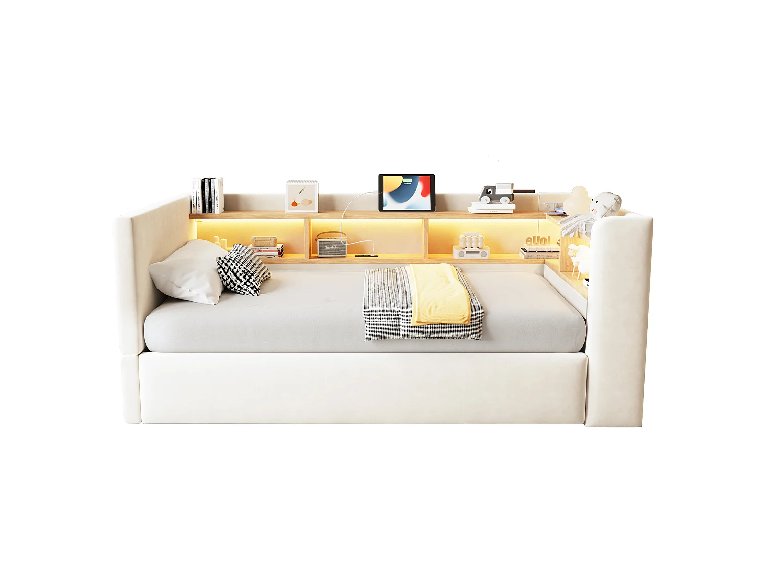 Opbergbed van 90 x 190 cm met ledverlichting, stopcontacten en opbergvakken - Flanel + metaal + MDF - Beige (Matras niet inbegrepen)