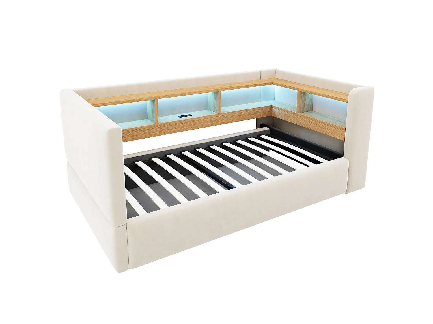 Opbergbed van 90 x 190 cm met ledverlichting, stopcontacten en opbergvakken - Flanel + metaal + MDF - Beige (Matras niet inbegrepen)