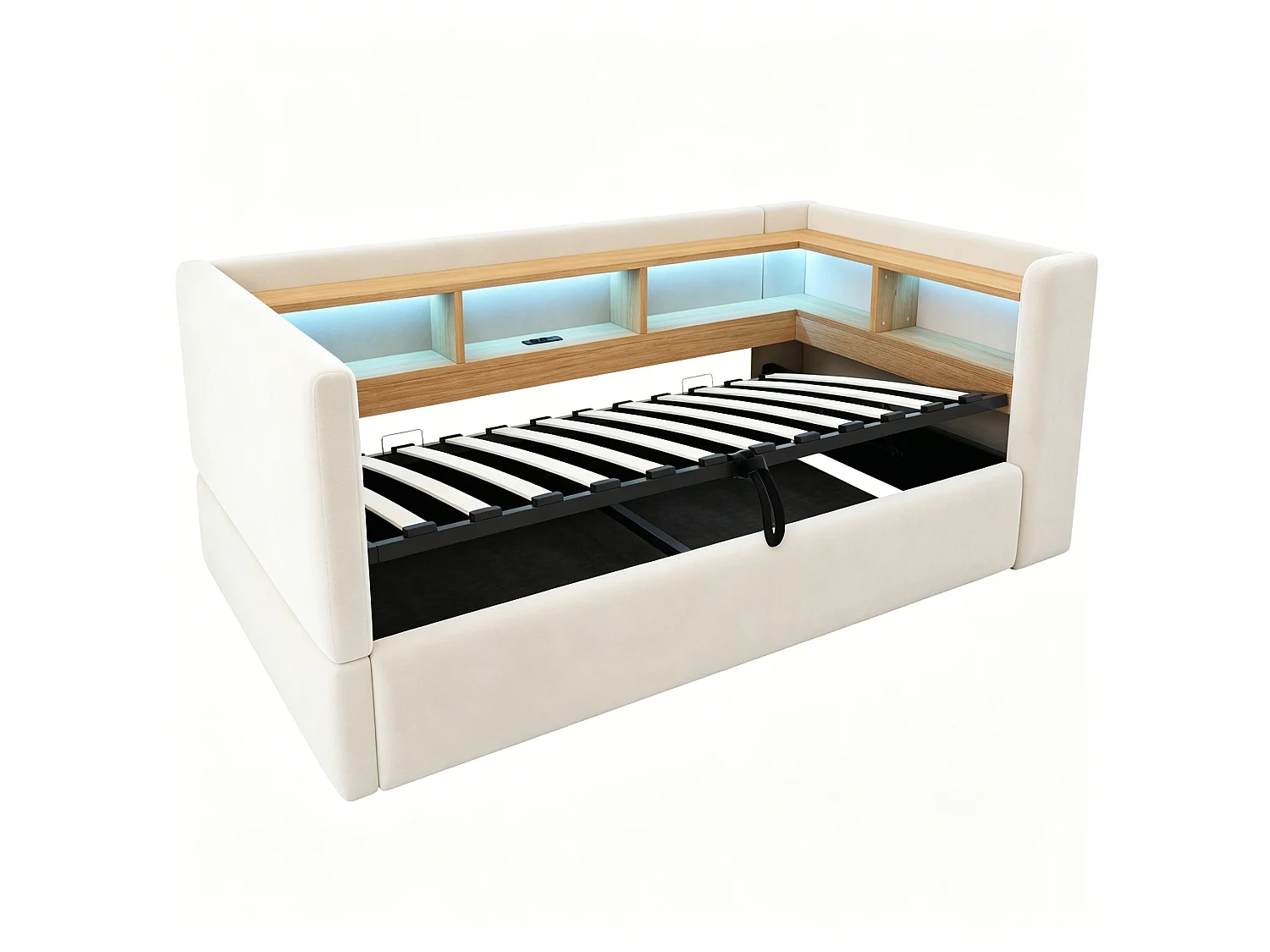 Opbergbed van 90 x 190 cm met ledverlichting, stopcontacten en opbergvakken - Flanel + metaal + MDF - Beige (Matras niet inbegrepen)