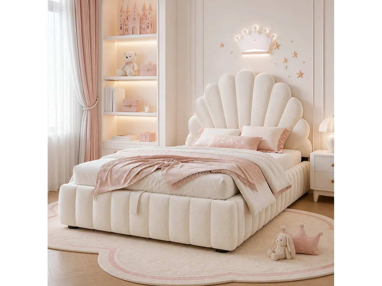 Lit coffre 90 x 200 cm avec coffre hydraulique, tête de lit fleur rembourrée et sommier à lattes - Velours - Beige (Sans matelas)