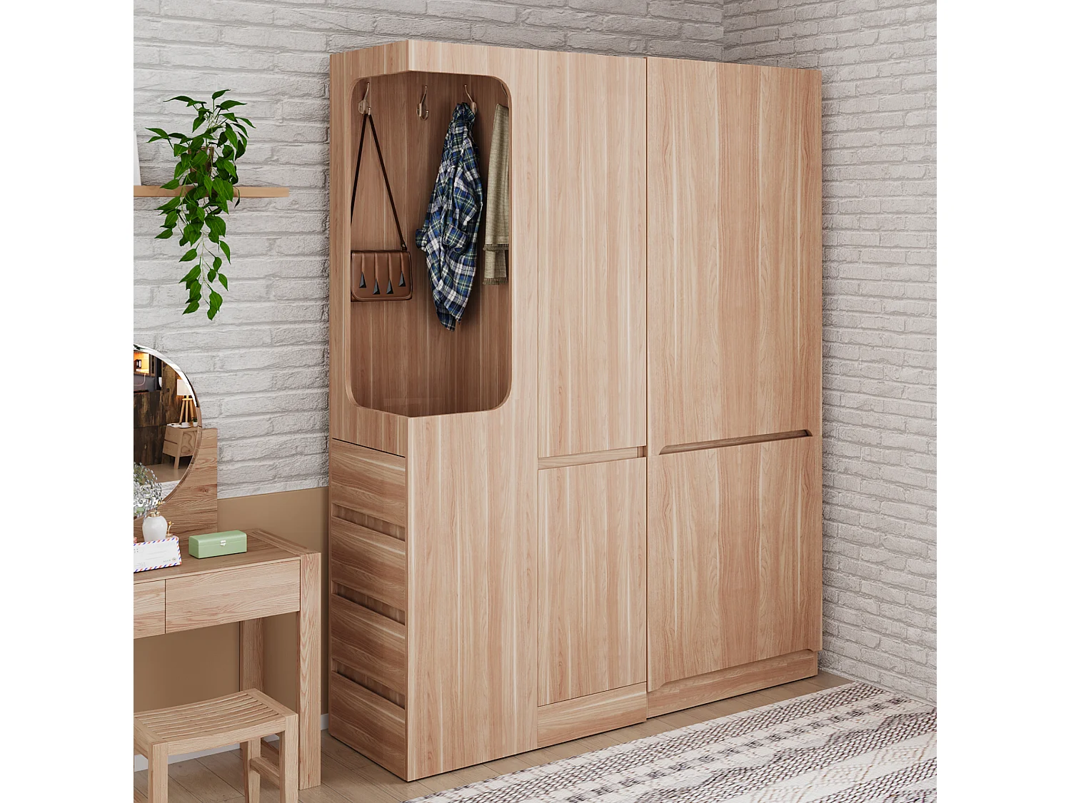 Extra-large wardrobe with 4 doors, 4 drawers and an open compartment - 140 x 40 x 170 cm - Pine + plywood + MDF - Natural