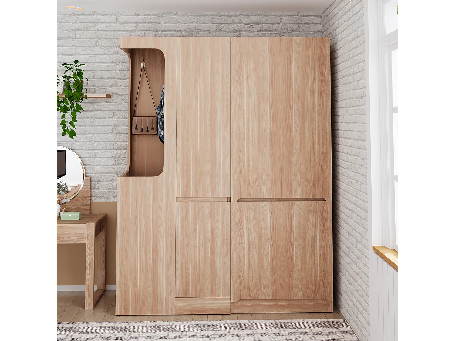 Extra-large wardrobe with 4 doors, 4 drawers and an open compartment - 140 x 40 x 170 cm - Pine + plywood + MDF - Natural