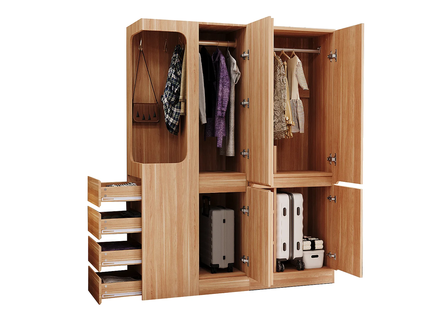 Extra-large wardrobe with 4 doors, 4 drawers and an open compartment - 140 x 40 x 170 cm - Pine + plywood + MDF - Natural