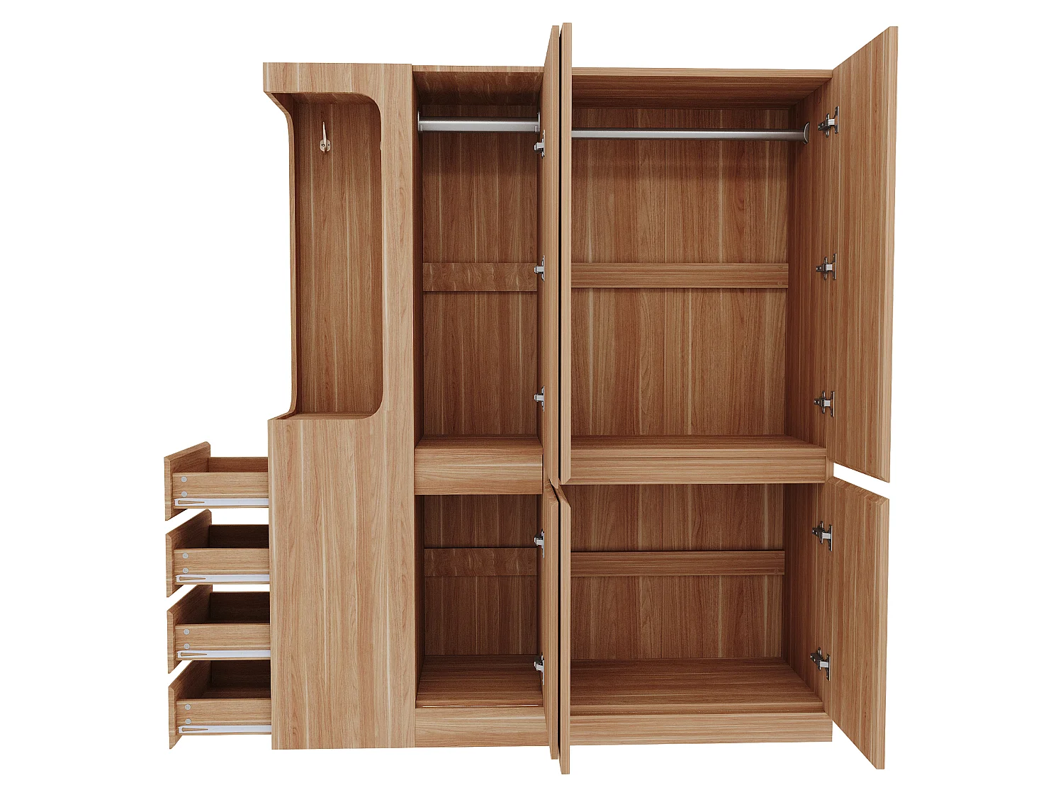 Extra-large wardrobe with 4 doors, 4 drawers and an open compartment - 140 x 40 x 170 cm - Pine + plywood + MDF - Natural