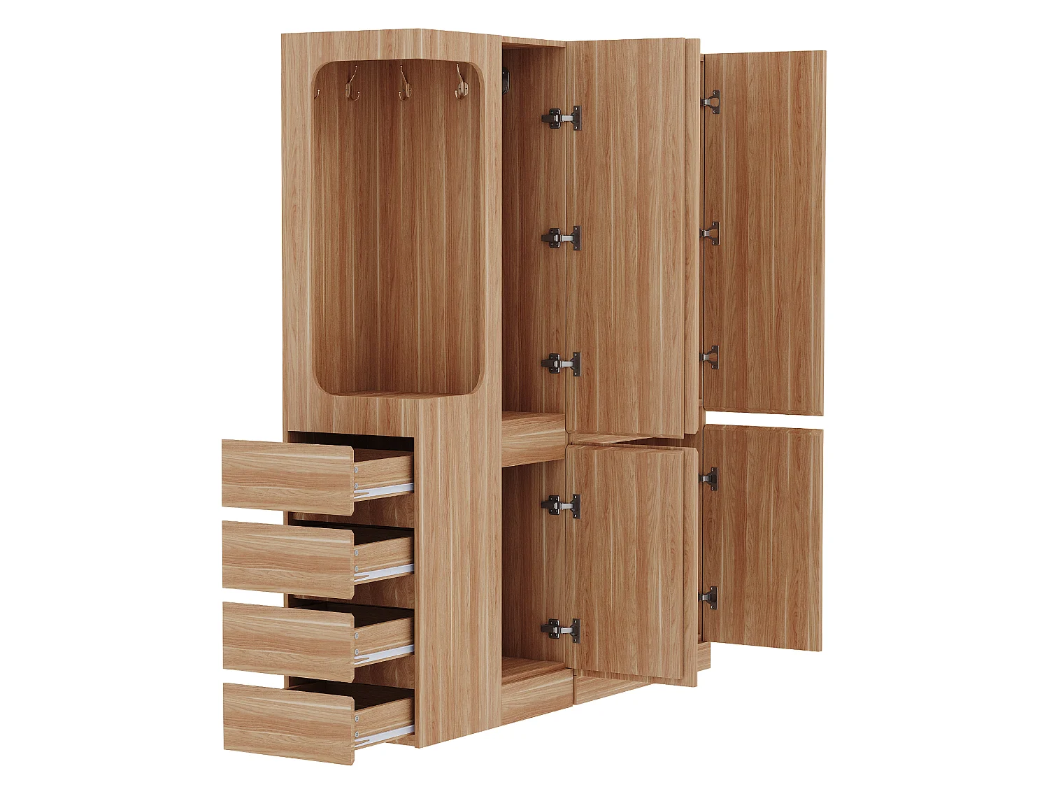 Extra-large wardrobe with 4 doors, 4 drawers and an open compartment - 140 x 40 x 170 cm - Pine + plywood + MDF - Natural