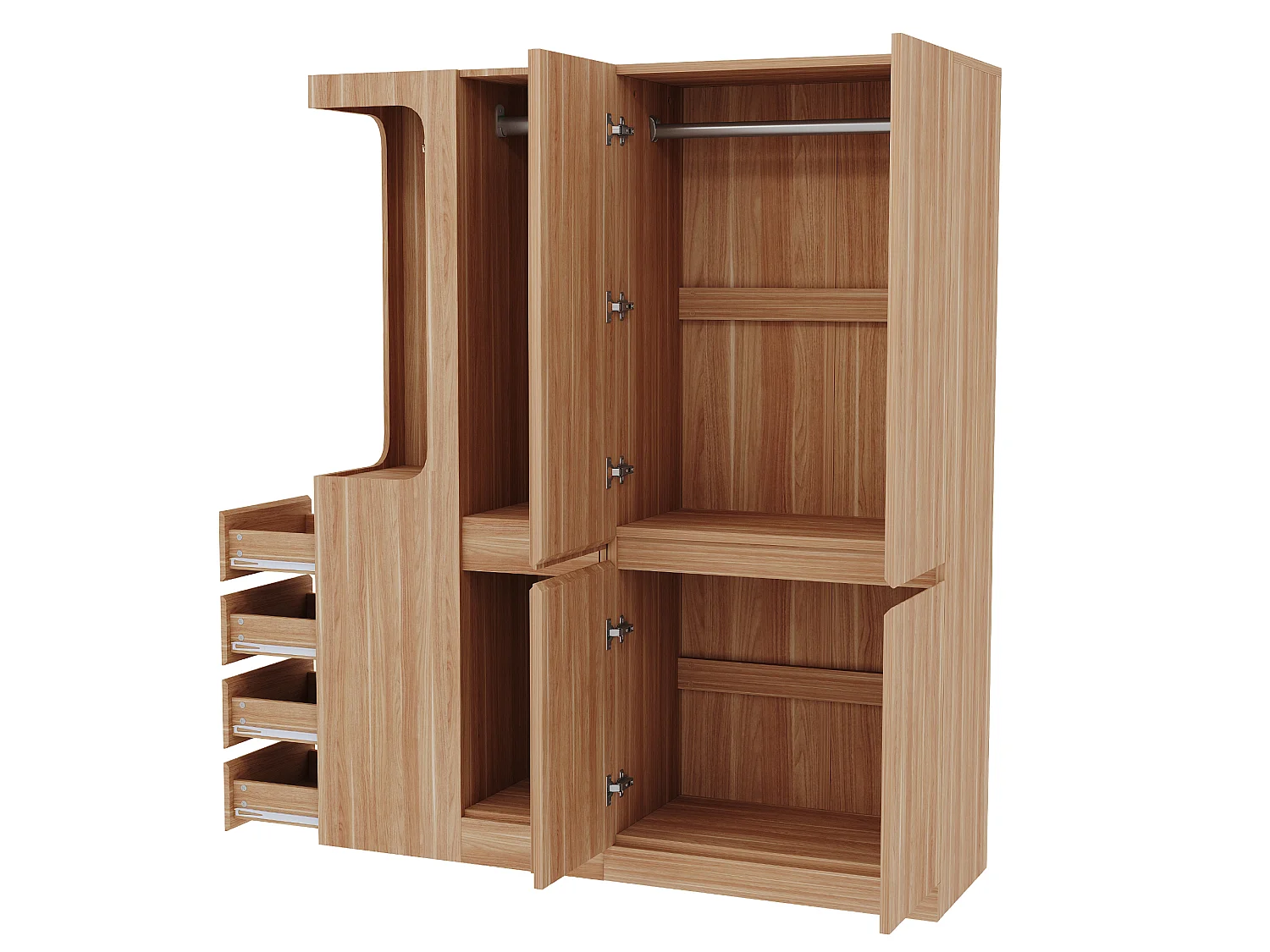 Extra-large wardrobe with 4 doors, 4 drawers and an open compartment - 140 x 40 x 170 cm - Pine + plywood + MDF - Natural