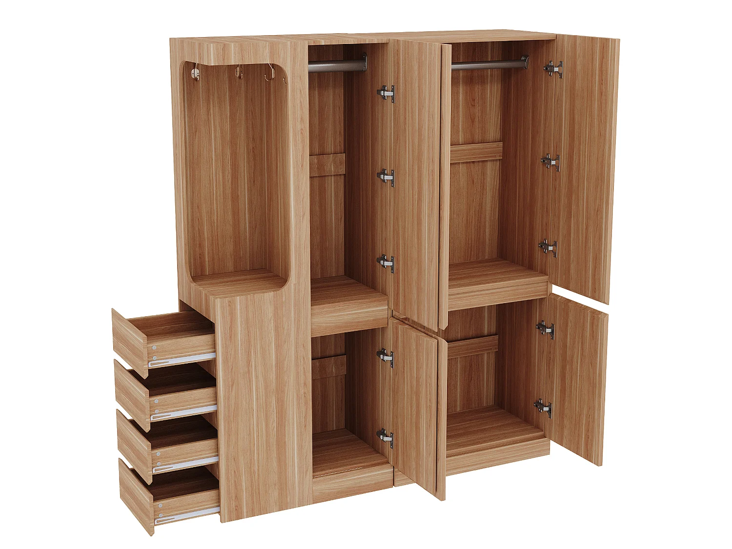 Extra-large wardrobe with 4 doors, 4 drawers and an open compartment - 140 x 40 x 170 cm - Pine + plywood + MDF - Natural