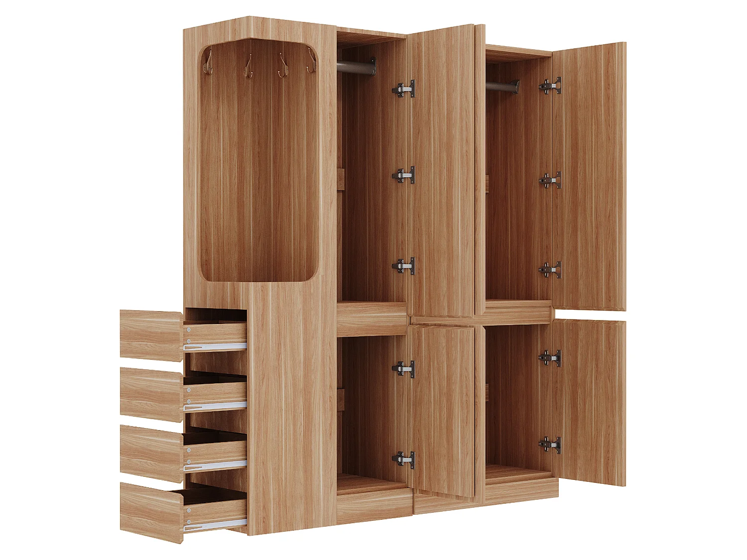 Extra-large wardrobe with 4 doors, 4 drawers and an open compartment - 140 x 40 x 170 cm - Pine + plywood + MDF - Natural