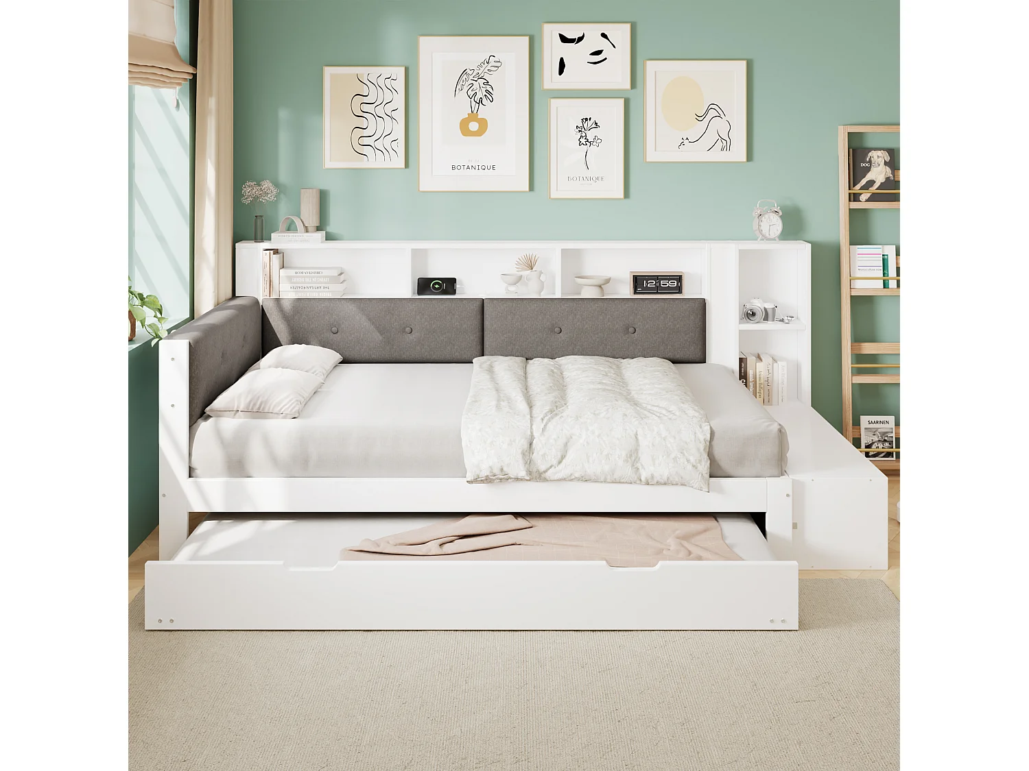 Canapé-lit 120x200cm - avec lit gigogne de 90x190cm - avec prise de charge - étagères latérales et banc à chaussures - blanc (sans matelas)