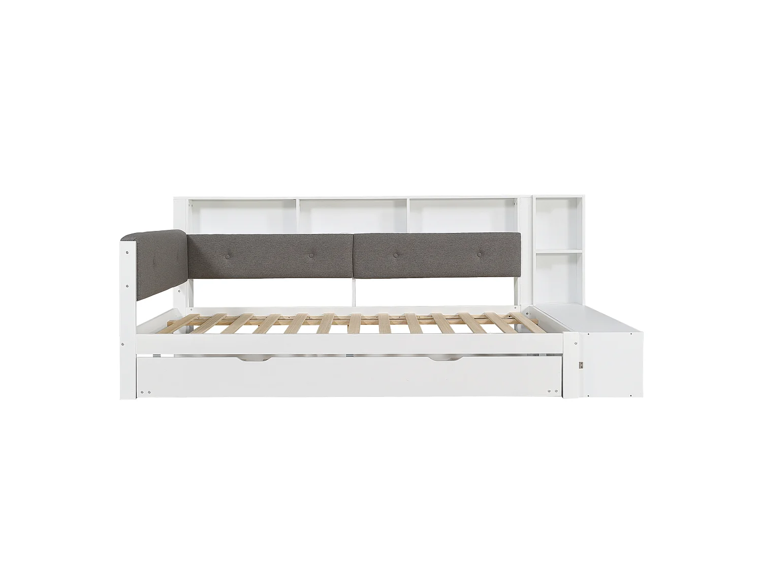 Canapé-lit 120x200cm - avec lit gigogne de 90x190cm - avec prise de charge - étagères latérales et banc à chaussures - blanc (sans matelas)