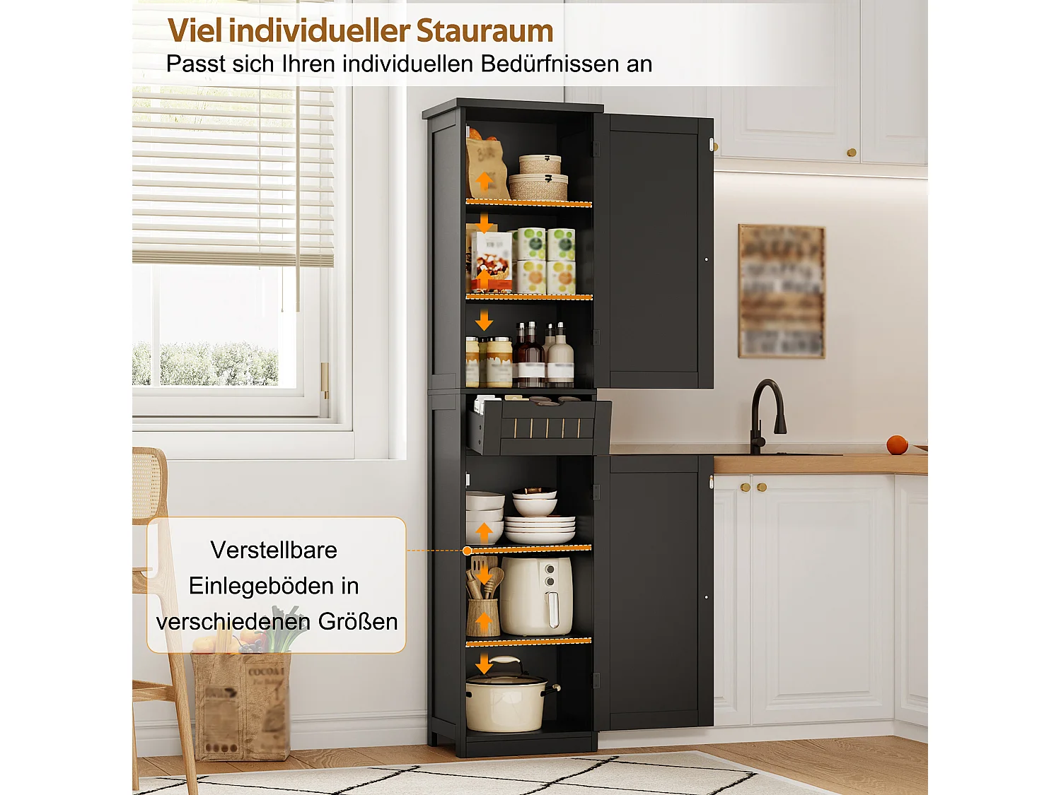 Colonne de rangement avec 2 portes, 1 tiroir et 4 étagères réglables, buffet de cuisine - 40 x 30 x 170 cm - MDF - Noir